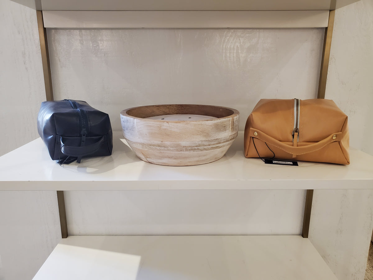 Tan & blue leather dopp kits made in LA