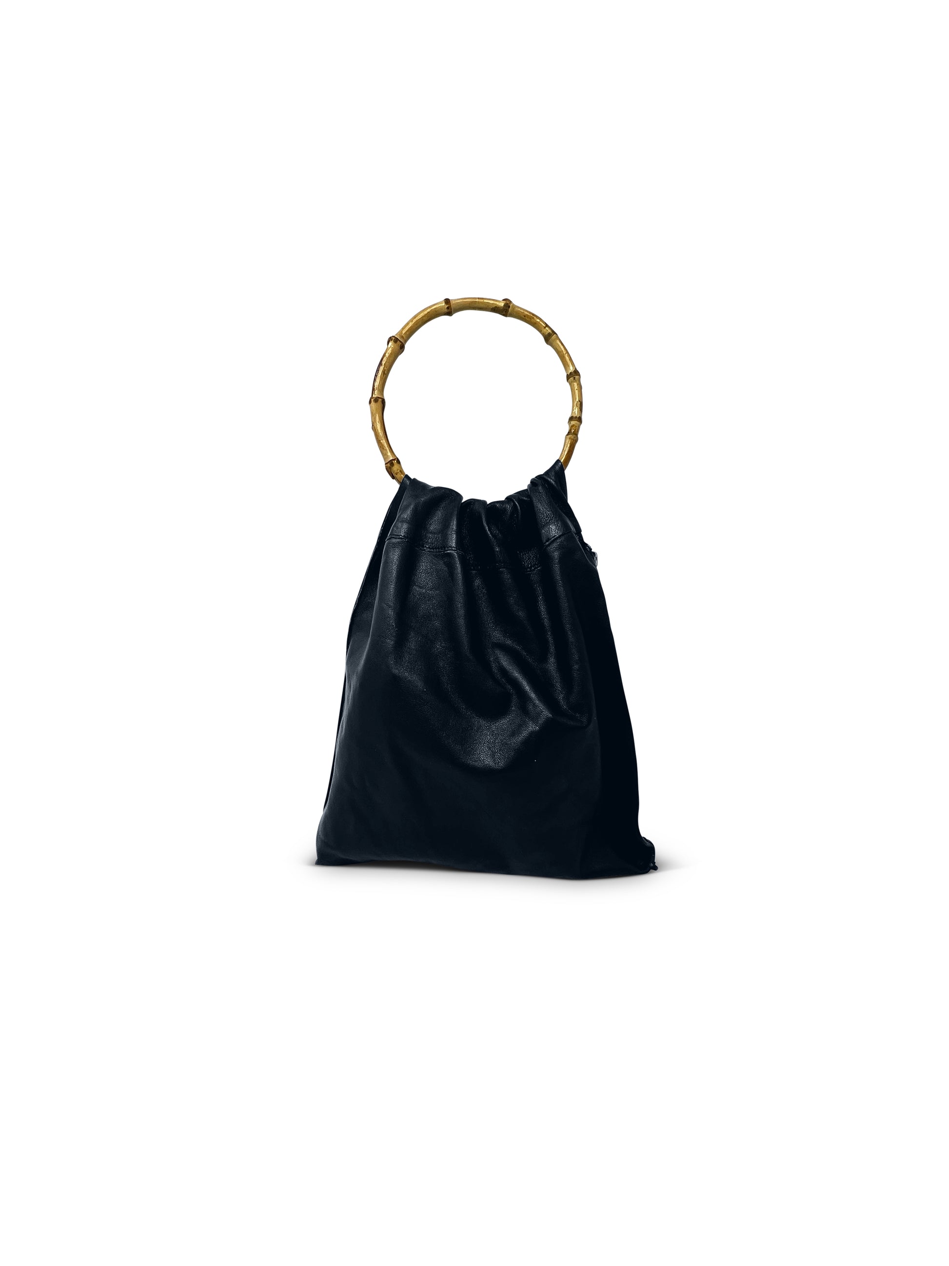 Black leather bag with a round natural bamboo handle with a side zipper. Made in Los Angeles