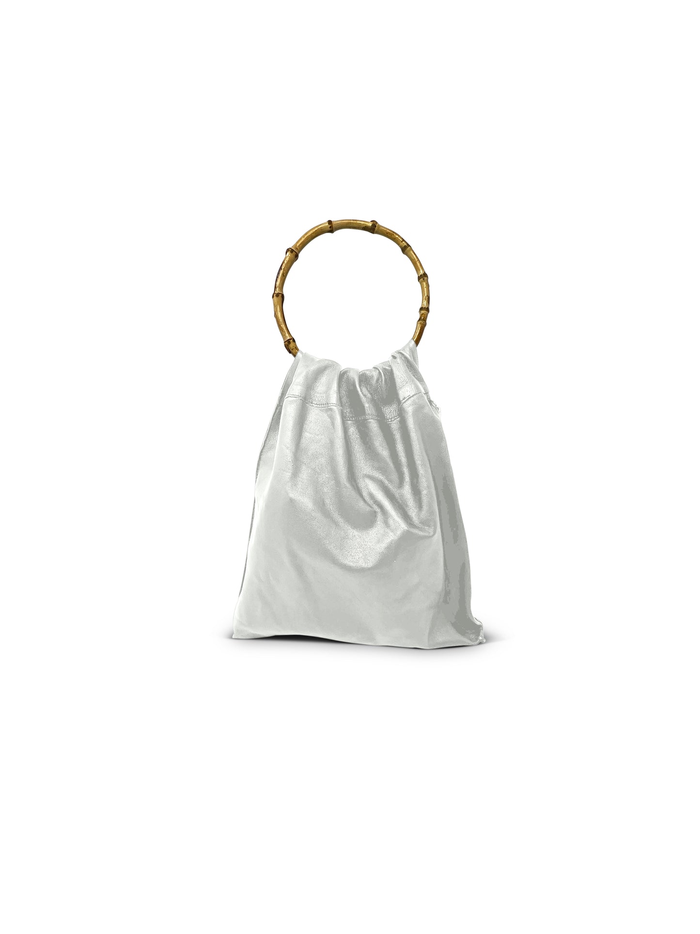 White leather bag with round leather natural bamboo handle. Made in LA