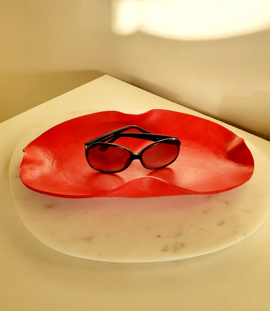 Red leather nesting tray handmade in Los Angeles California