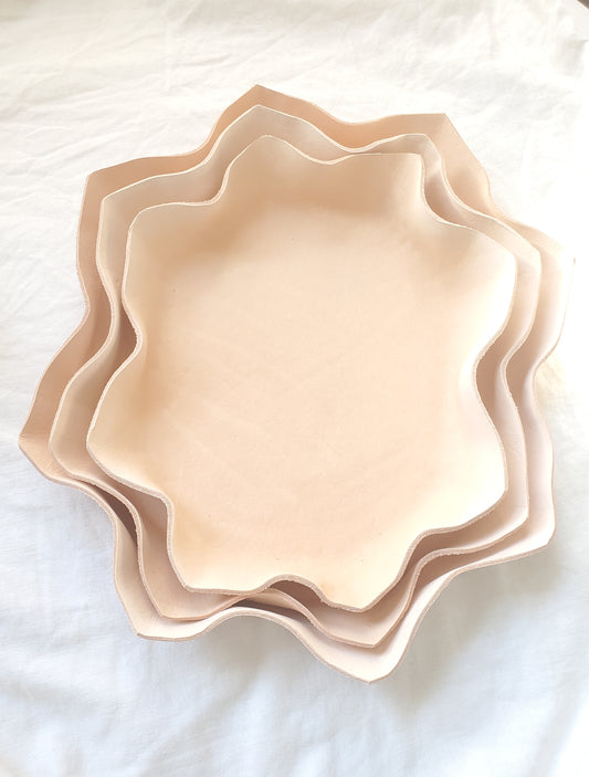 3 leather stackable wavy bowl set handmade in Los Angeles California