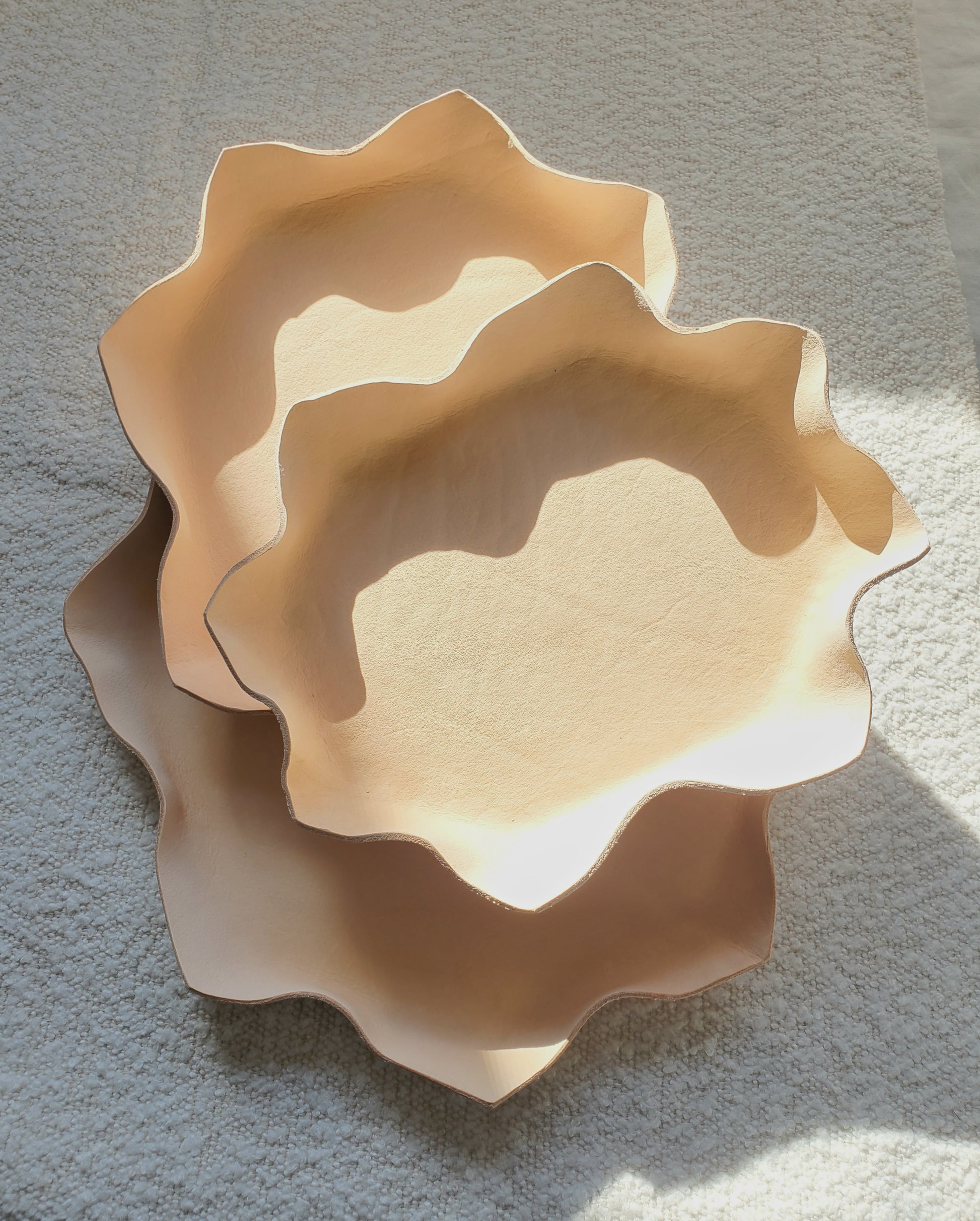 Natural leather nesting bowl set of 3.  Handmade in Los Angeles, California