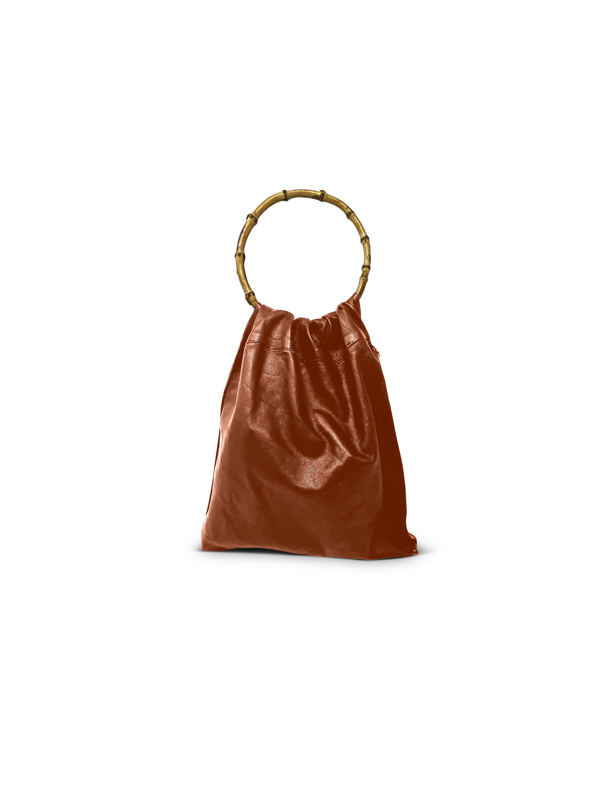 Brown leather bag with round bamboo handle.