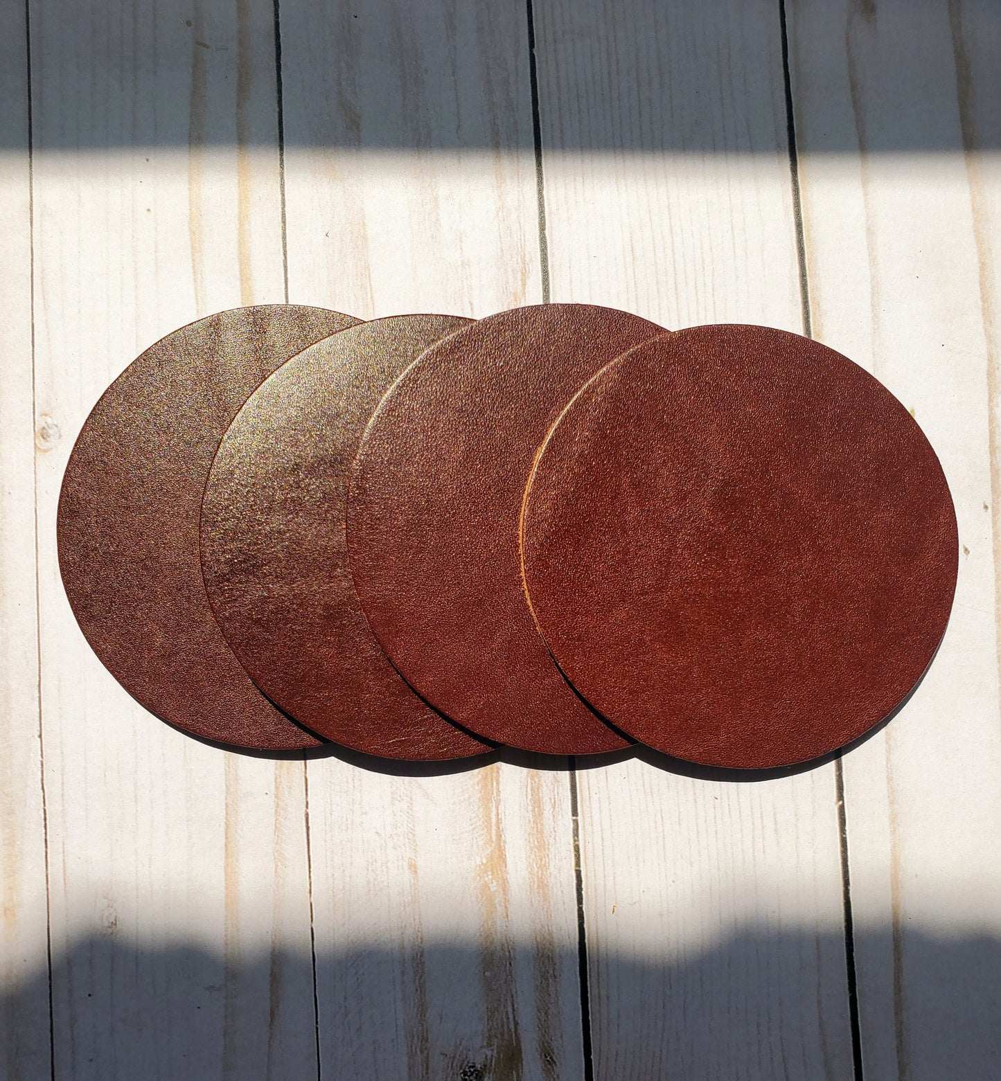 Burgundy/Brown round leather coaster set of 4 made in Los Angeles,California