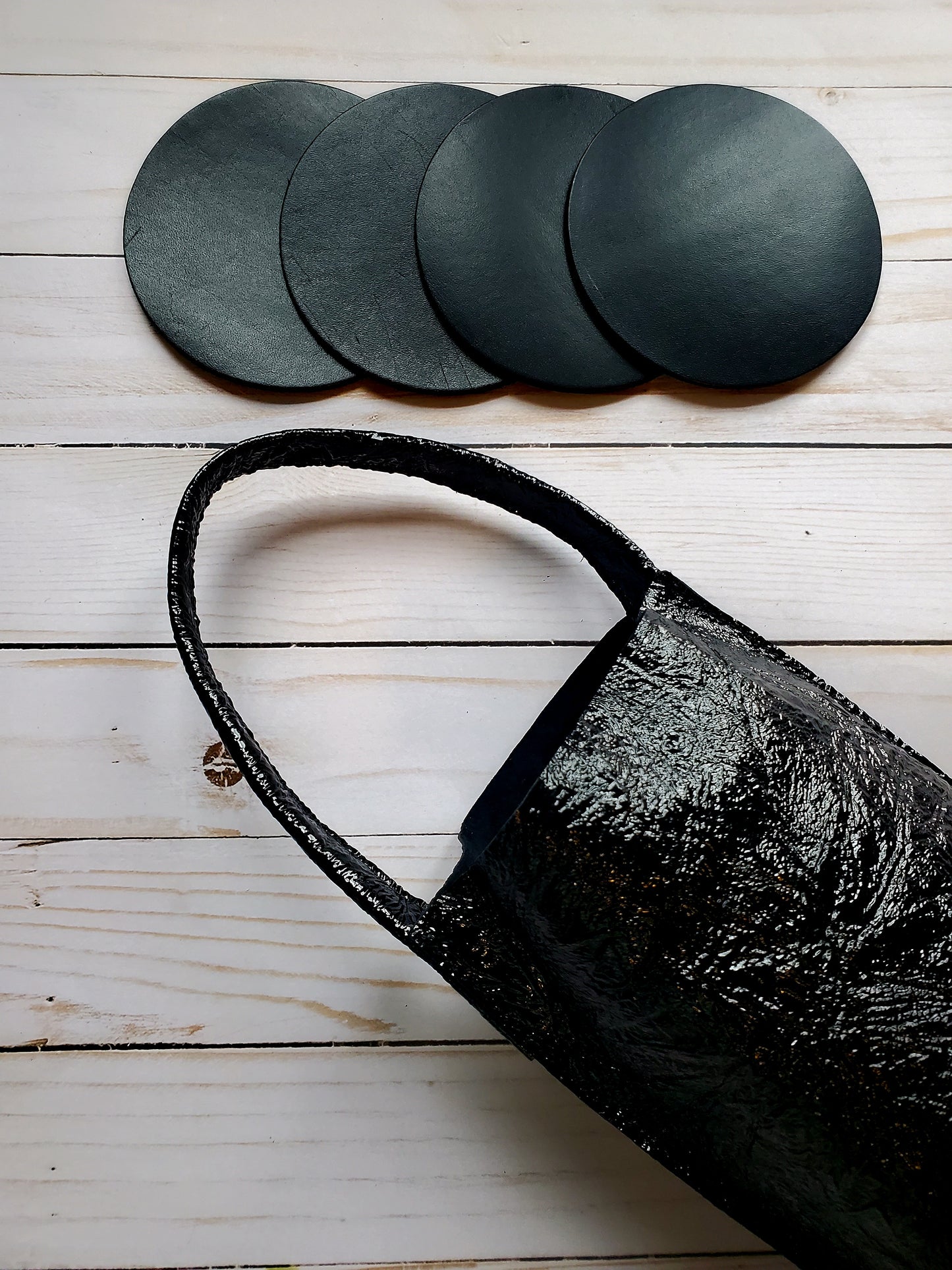 Black leather wine bag & black leather coasters. Made in LA