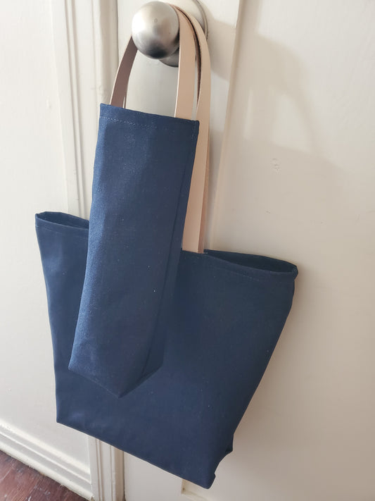 Denim tote bag with denim wine bag with leather handles.  Mae in Los Angeles California 