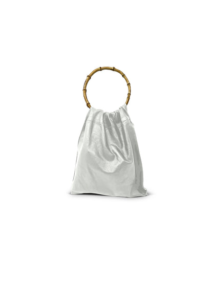 White leather bag with round leather natural bamboo handle. Made in LA