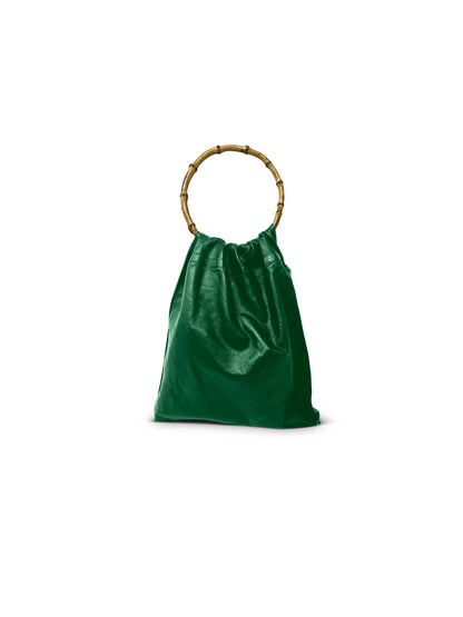 Green leather bag qith round natural bamboo handle.