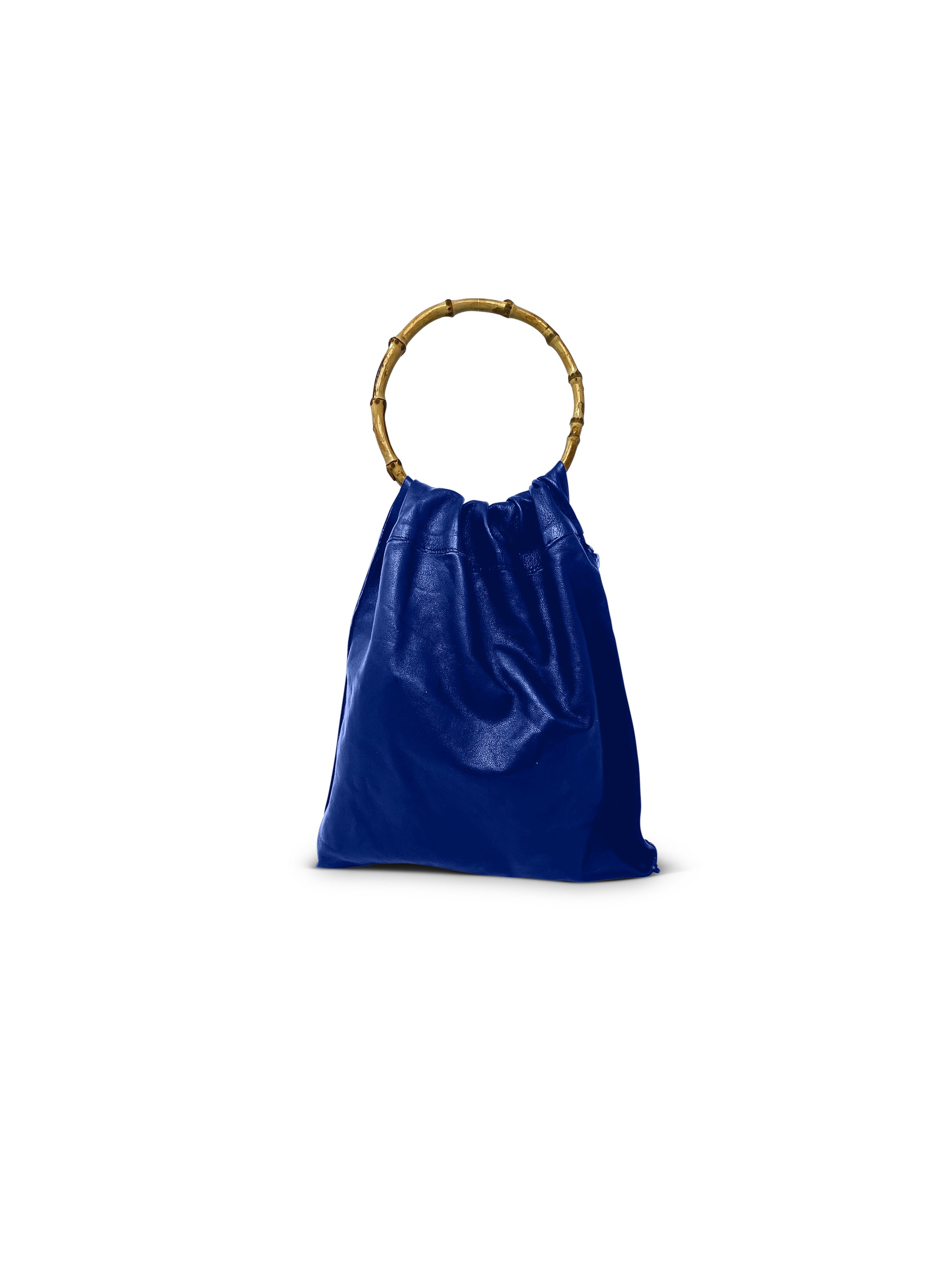 Blue leather bag with round natural bamboo handle.