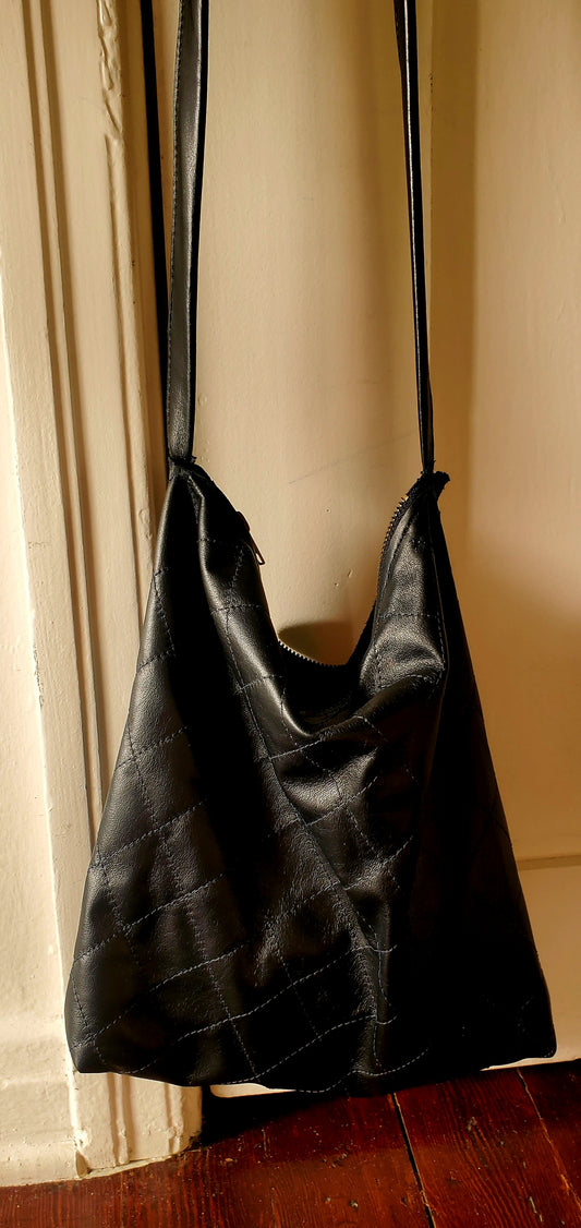 Hand Quilted Black Leather Crossbody Bag. Made in Los Angeles California 