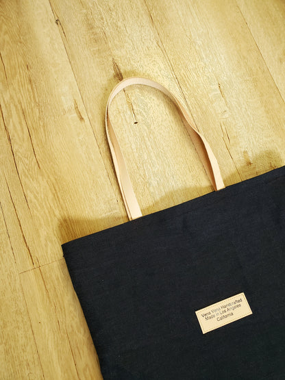 Denim tote bag with double pockets & natural leather straps